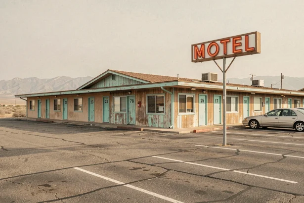 Façade typique d'un motel américain en bord de route avec enseigne néon et portes numérotées, style classique des États-Unis