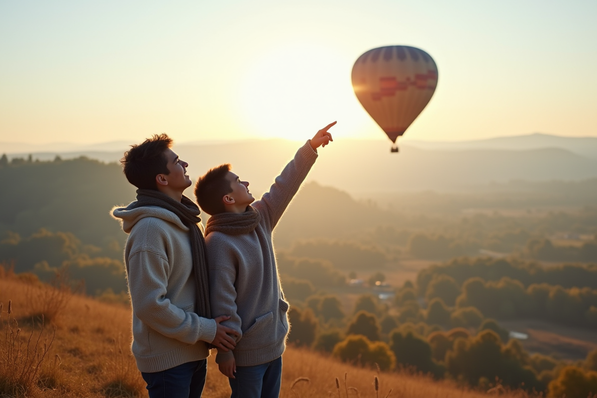 Jeune garçon et père regardant un ballon dans le ciel matin