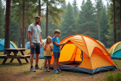 Famille de quatre préparant une tente en camping nature