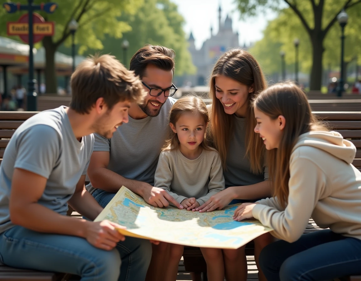 Famille consultant la carte du parc Eurodisney sur un banc pour planifier les attractions de la journée