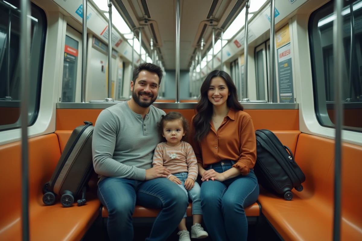 Famille avec enfant et poussette dans le métro reliant l'aéroport de Madrid au centre-ville