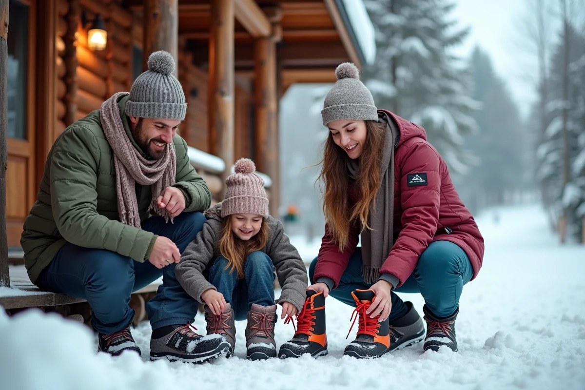 Famille avec enfants préparant leurs bottes de ski devant une cabane