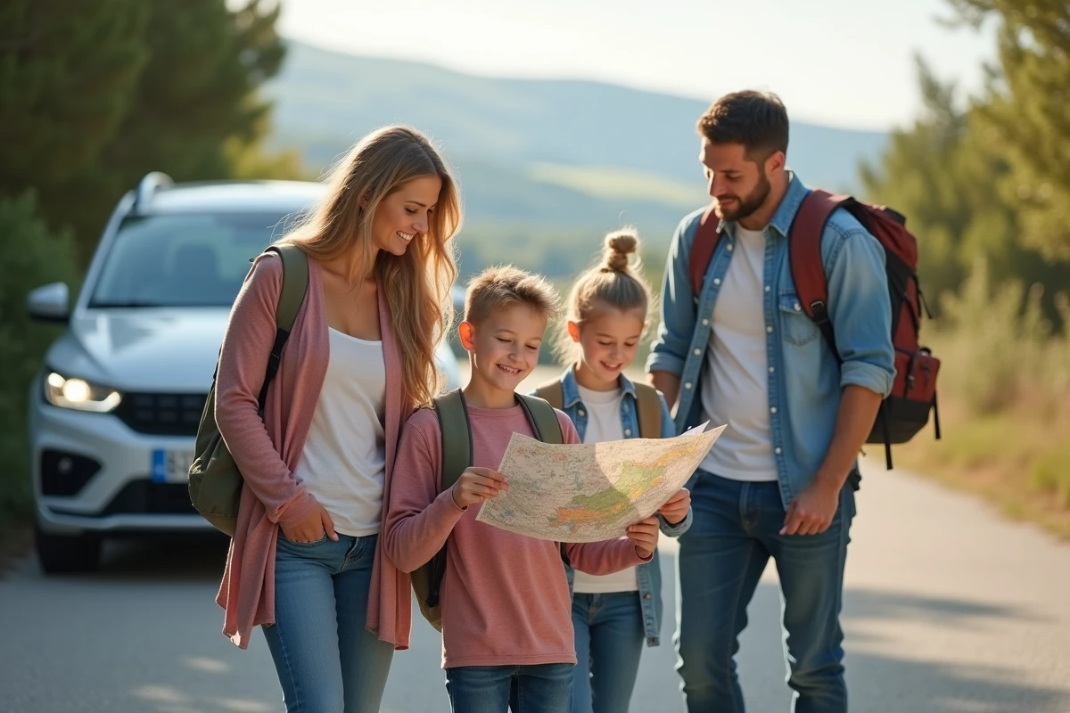 Famille souriante avec voiture en nature pour l'article