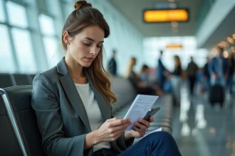 Femme consultant son smartphone dans un aéroport pour suivre une demande d'indemnisation de vol retardé via AirHelp