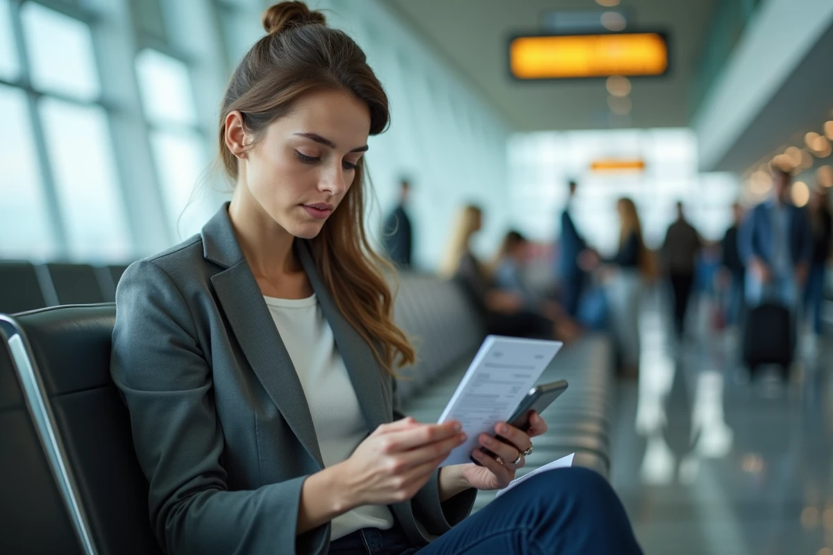 Femme consultant son smartphone dans un aéroport pour suivre une demande d'indemnisation de vol retardé via AirHelp