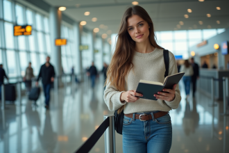 Jeune femme à l'aéroport avec passeport et boarding pass