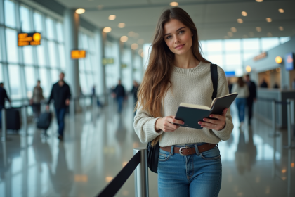 Jeune femme à l'aéroport avec passeport et boarding pass