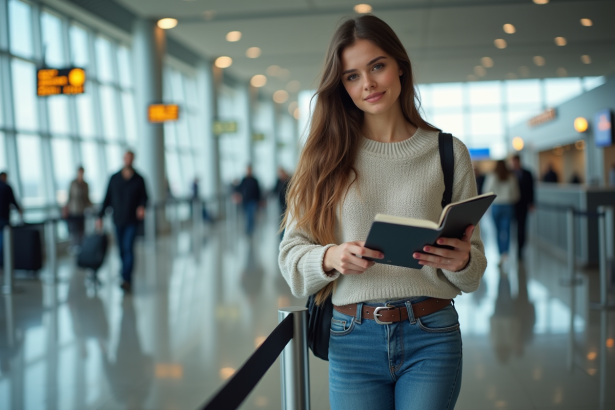 Jeune femme à l'aéroport avec passeport et boarding pass