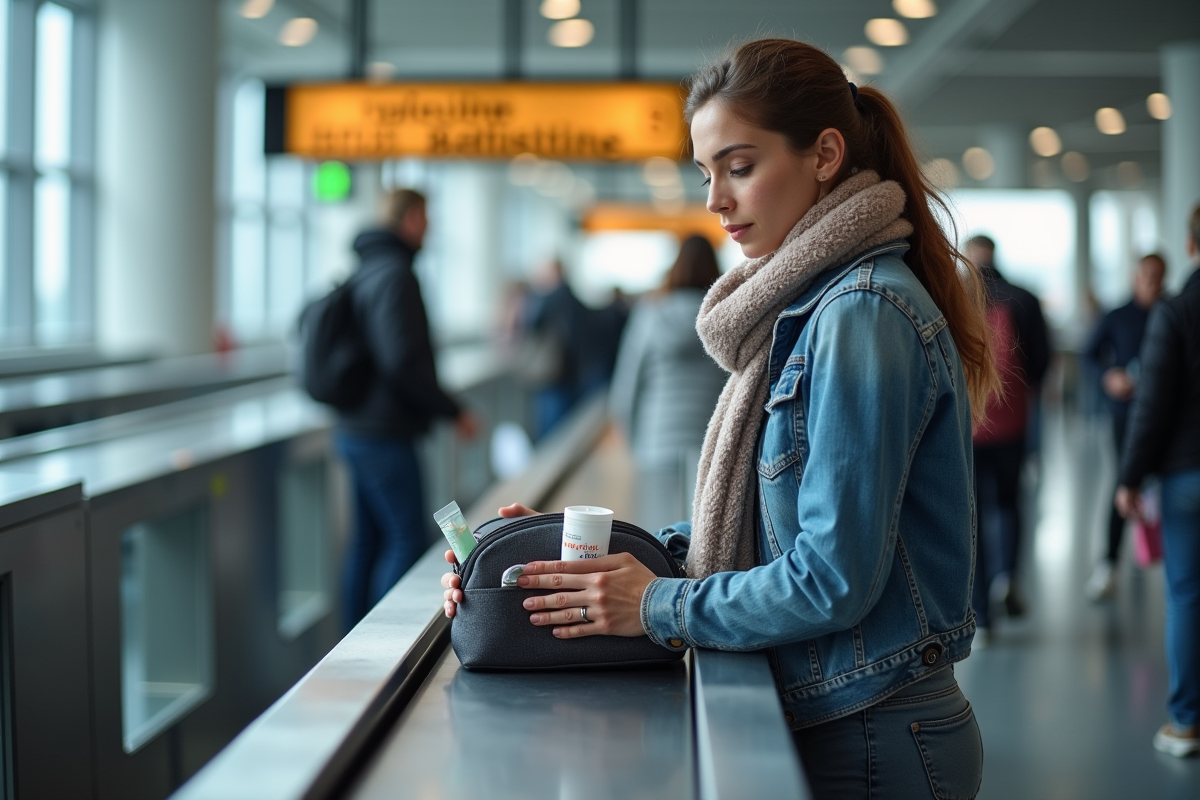 Femme à l'aéroport vérifiant sa trousse de toilette