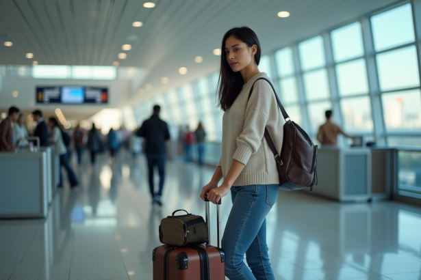Jeune femme posant une valise cabine à l'aéroport