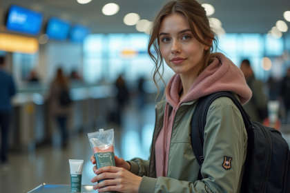 Jeune femme à l'aéroport organise ses affaires de voyage