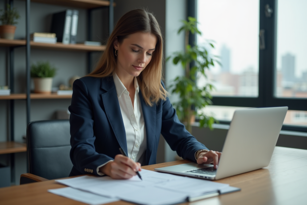 Femme d'affaires concentrée à son bureau moderne