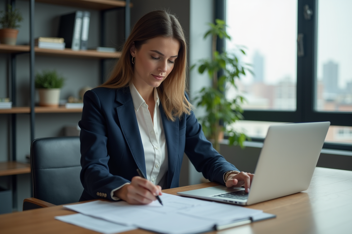 Femme d'affaires concentrée à son bureau moderne