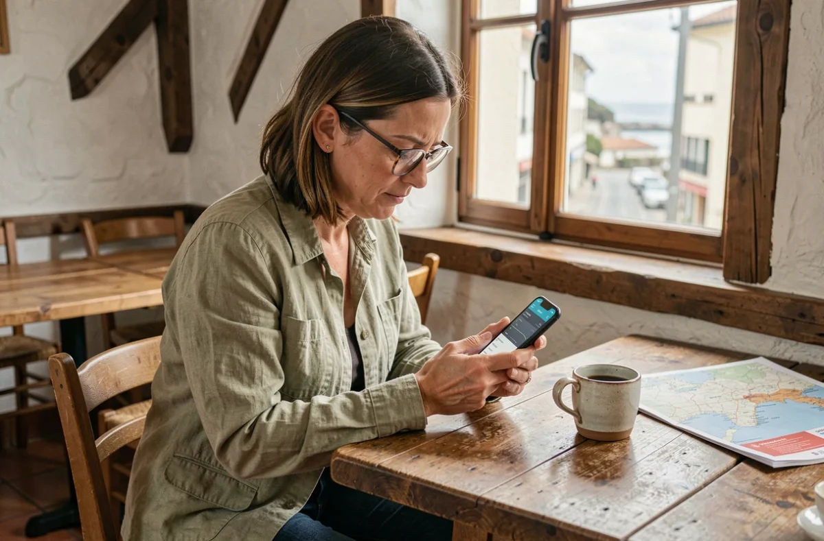 Femme consultant les horaires des marées de Biarritz sur son téléphone dans un café basque