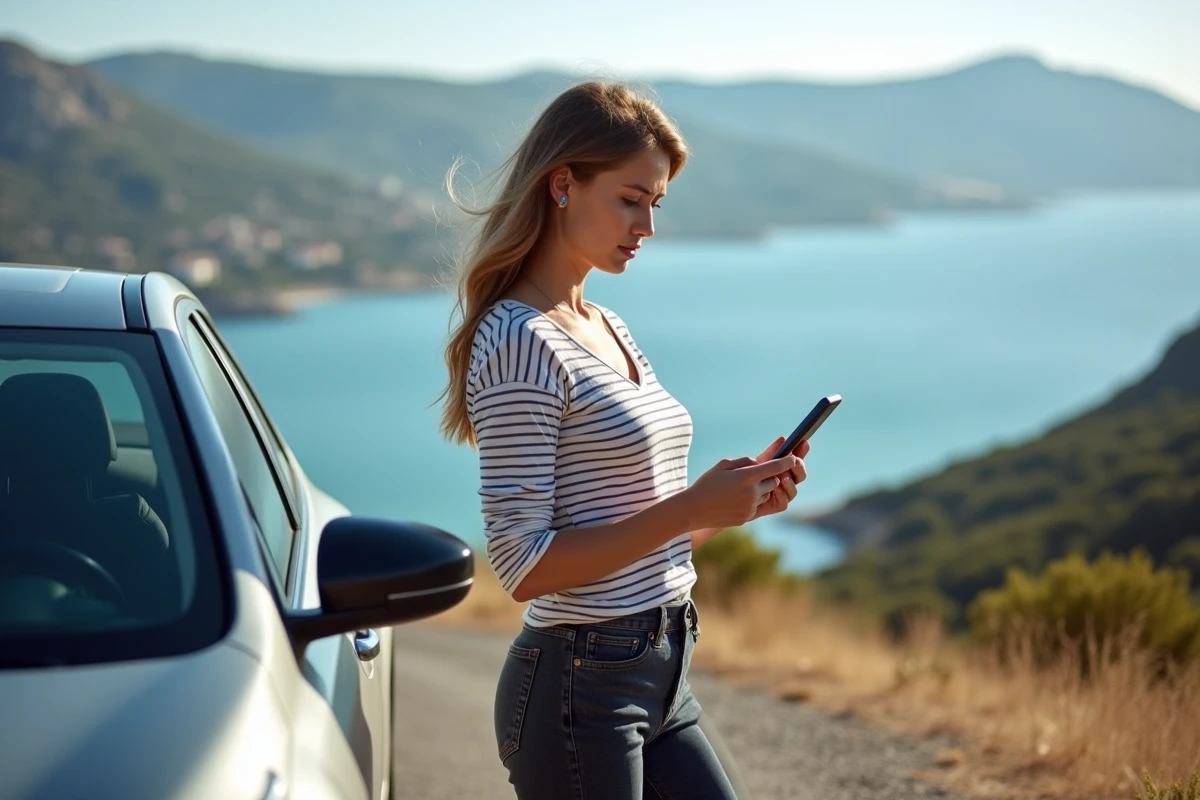 Femme vérifiant son téléphone lors d'un arrêt sur la route entre Propriano et Ajaccio