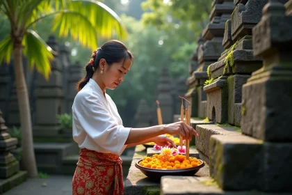 Femme balinaise en kebaya blanche déposant une offrande canang sari sur un autel de temple à Ubud, Bali