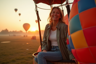 Femme souriante dans un ballon coloré au lever du soleil