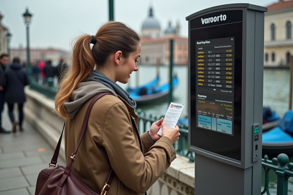 Jeune femme vérifiant un billet Vaporetto à Venise