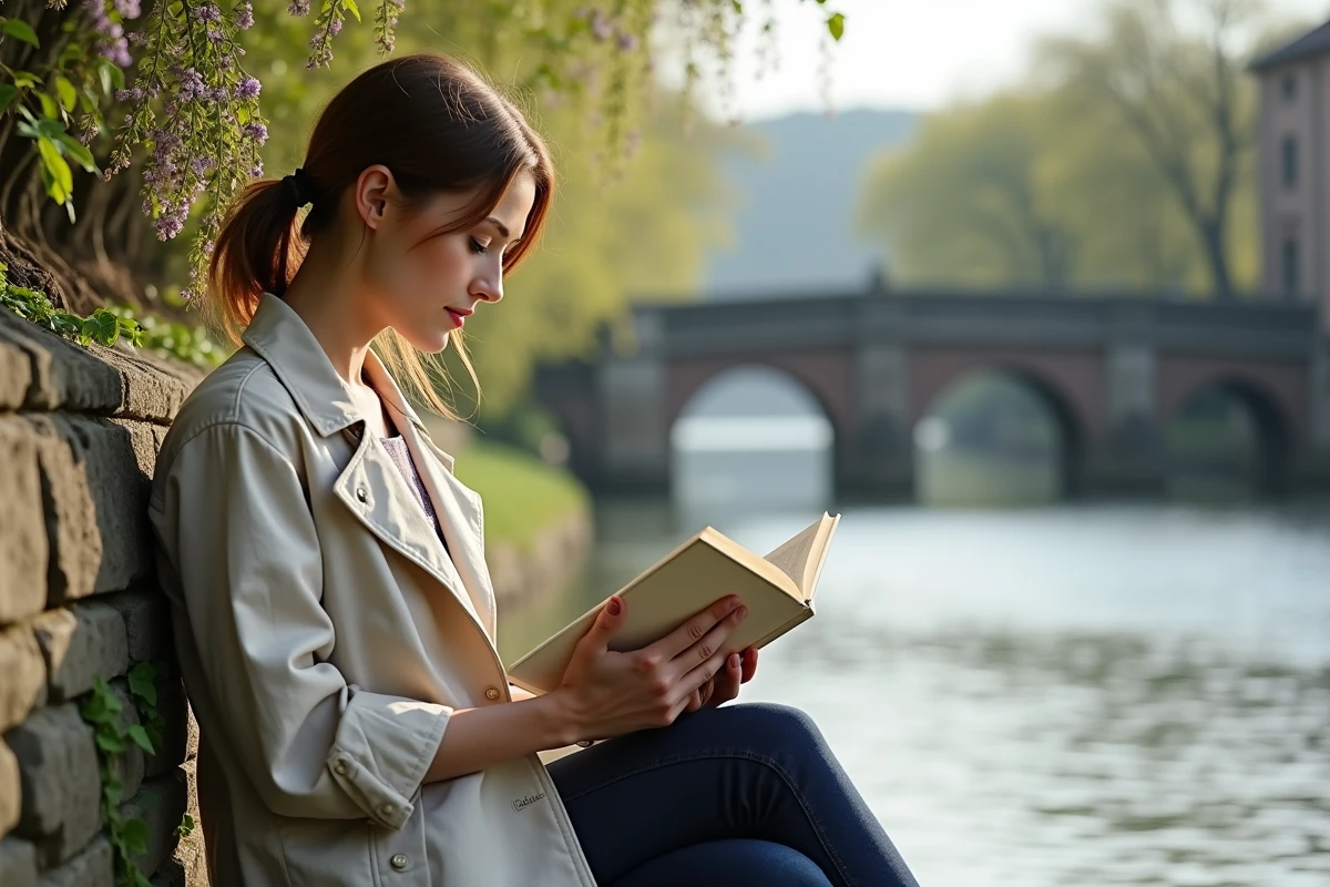 Jeune femme lisant au bord du Neckar à Heidelberg au printemps avec le vieux pont en arrière-plan