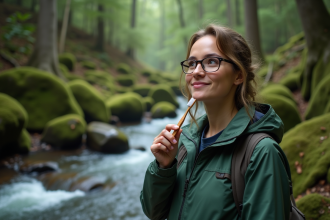 Jeune femme brossant ses dents en pleine nature