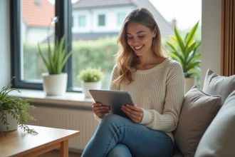 Jeune femme souriante avec tablette dans un salon lumineux