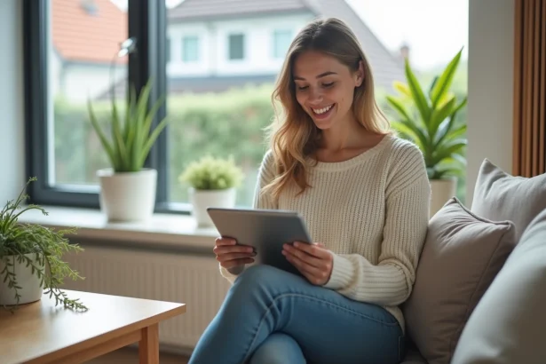 Jeune femme souriante avec tablette dans un salon lumineux