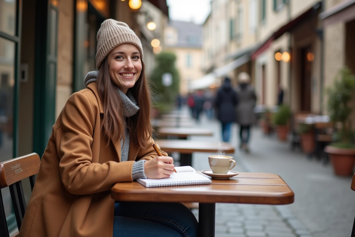 Jeune femme au café en village de Leucate en hiver