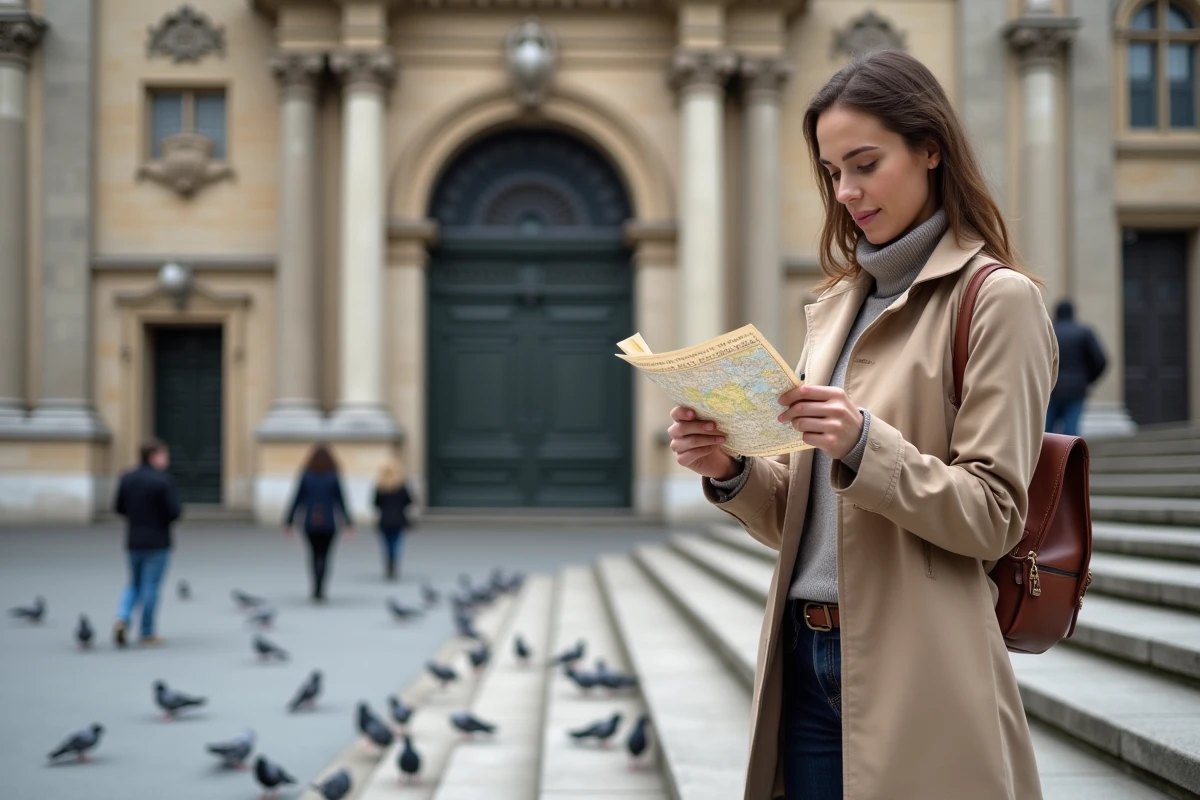 Femme consultant une carte devant la facade de la Gare du Nord à Paris avant de commencer un itinéraire à pied