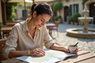 Femme consultant une carte Michelin routière à une terrasse de café en village français lors de la planification d'un voyage en voiture