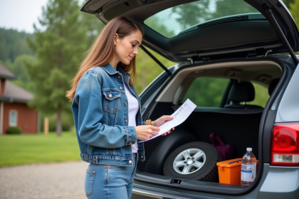 Jeune femme vérifiant une checklist dans le coffre d'une voiture