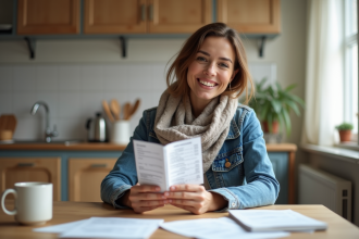 Femme souriante tenant un chéquier vacances à la maison