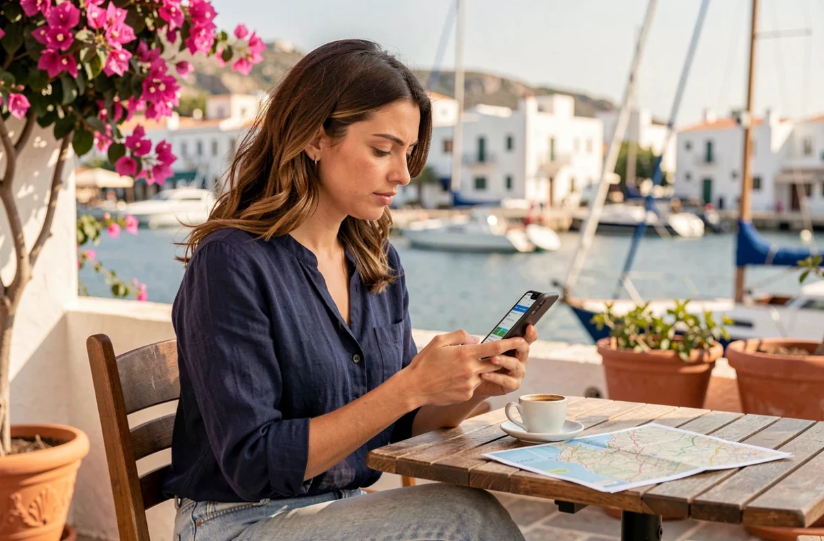 Femme consultant un site d'informations voyage sur smartphone en terrasse de café face à un port méditerranéen