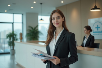 Jeune femme d affaires à l ambassade avec documents