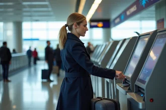Femme check-in à l'aéroport avec valise et trench bleu