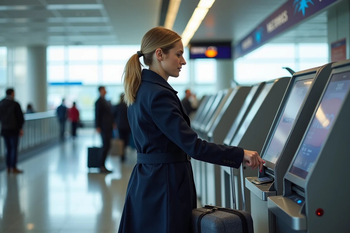 Femme check-in à l'aéroport avec valise et trench bleu