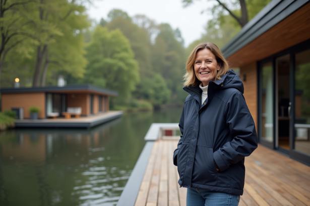 Femme souriante sur une maison flottante au bord de la rivière