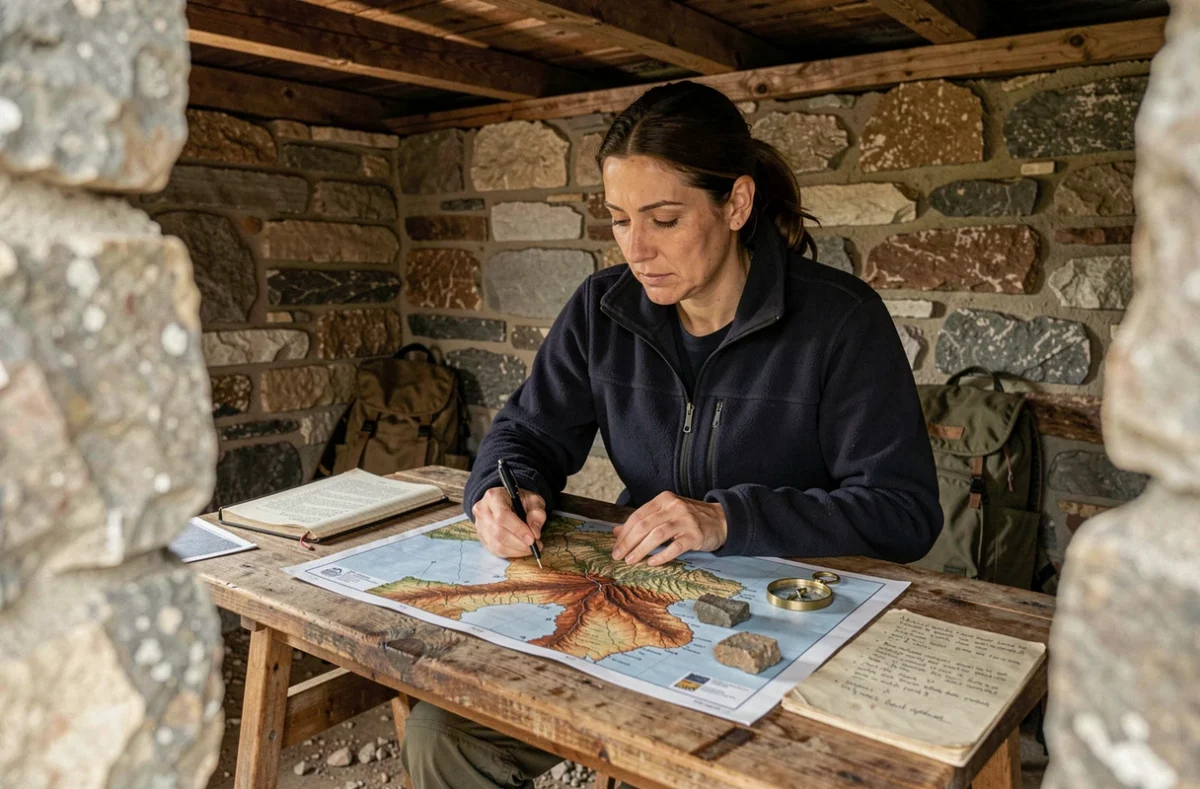 Femme géologue étudiant une carte volcanique de l'Italie dans un refuge de montagne