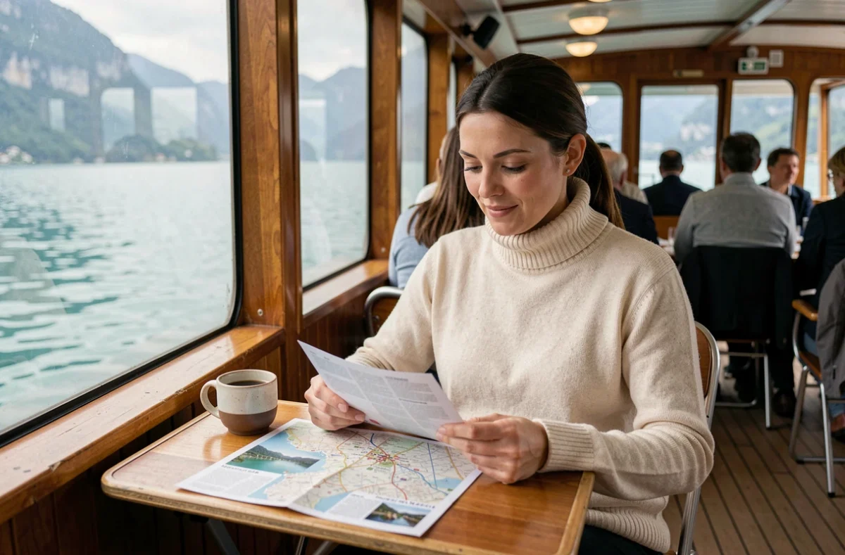 Femme consultant un itinéraire de croisière à bord d'un bateau sur le lac d'Aix-les-Bains