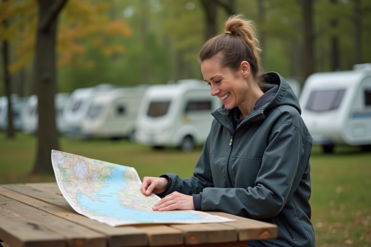 Femme activeur dépliant une carte en camping