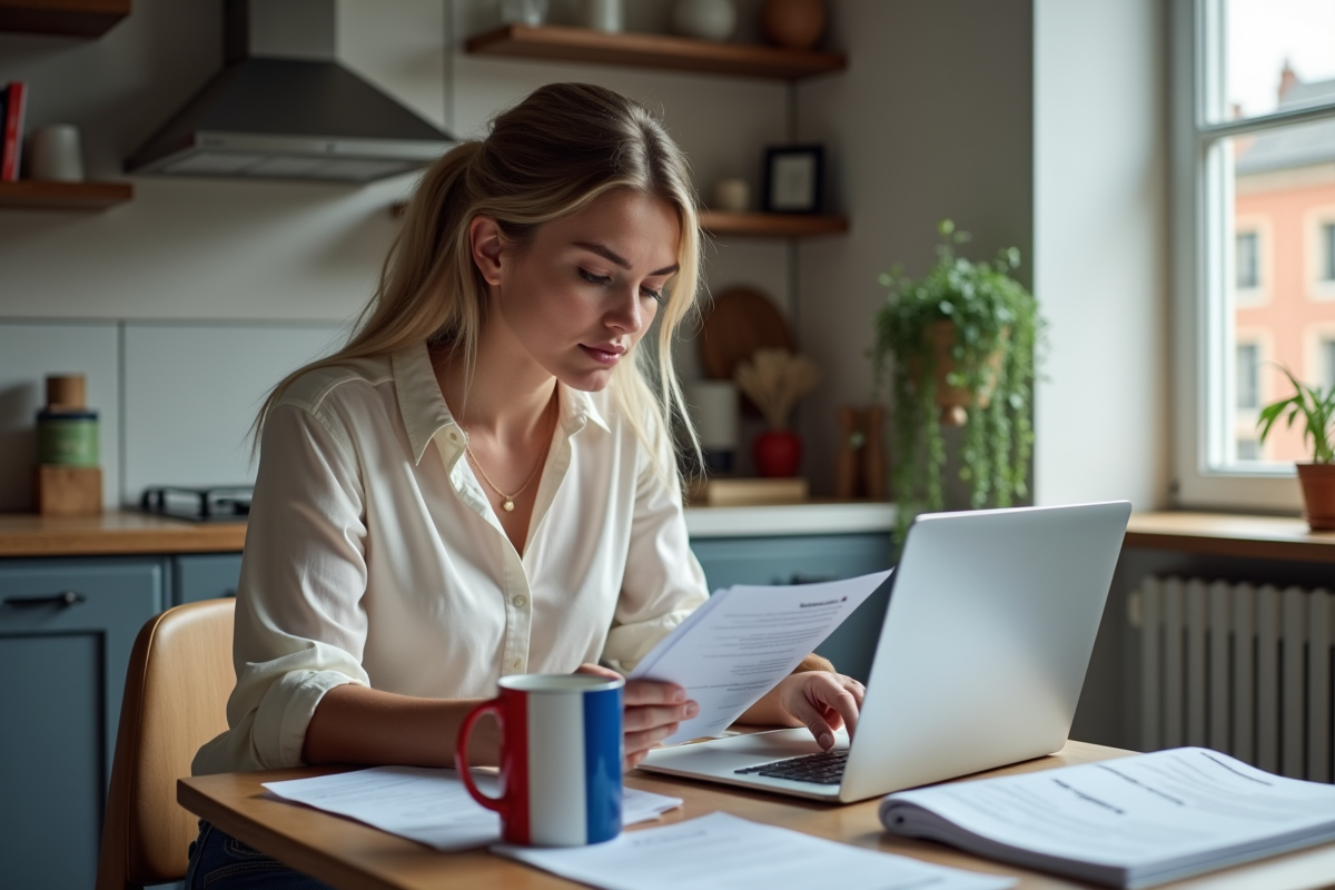 Jeune femme vérifiant ses documents dans une cuisine