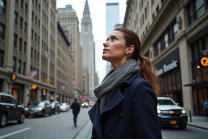 Femme admirant la façade du Woolworth Building à Manhattan