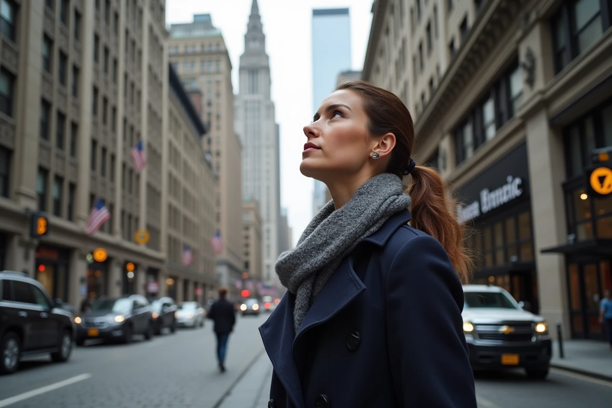 Femme admirant la façade du Woolworth Building à Manhattan