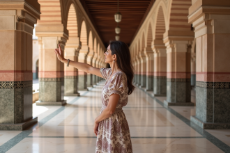 Femme espagnole dans la Mezquita de Córdoba avec arches