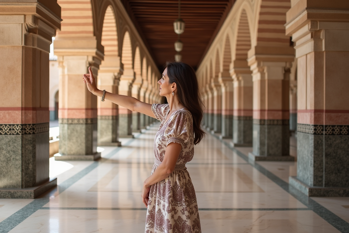 Femme espagnole dans la Mezquita de Córdoba avec arches