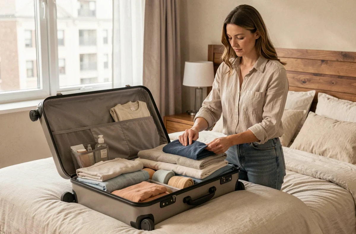 Femme organisant ses vêtements dans une valise rigide ouverte posée sur un lit, illustrant la capacité et le contenu d'une valise de 15 kg