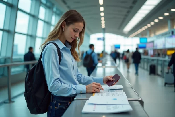 Jeune femme organise ses documents de voyage à l'aéroport