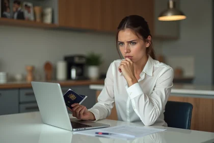 Femme avec passeport dans une cuisine moderne