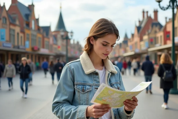 Jeune femme consultant un plan d'Eurodisney imprimé devant les allées du parc pour organiser sa journée
