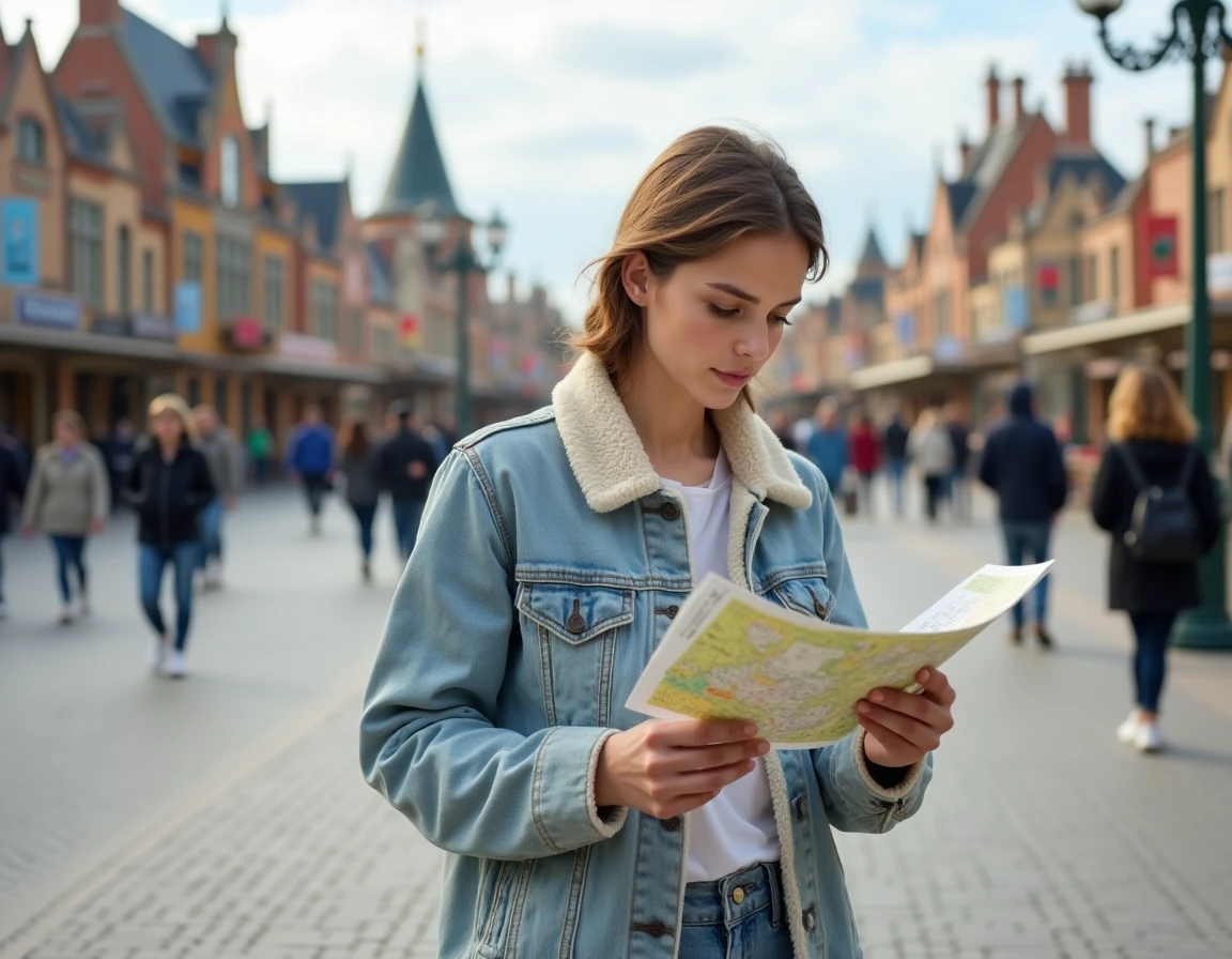 Jeune femme consultant un plan d'Eurodisney imprimé devant les allées du parc pour organiser sa journée