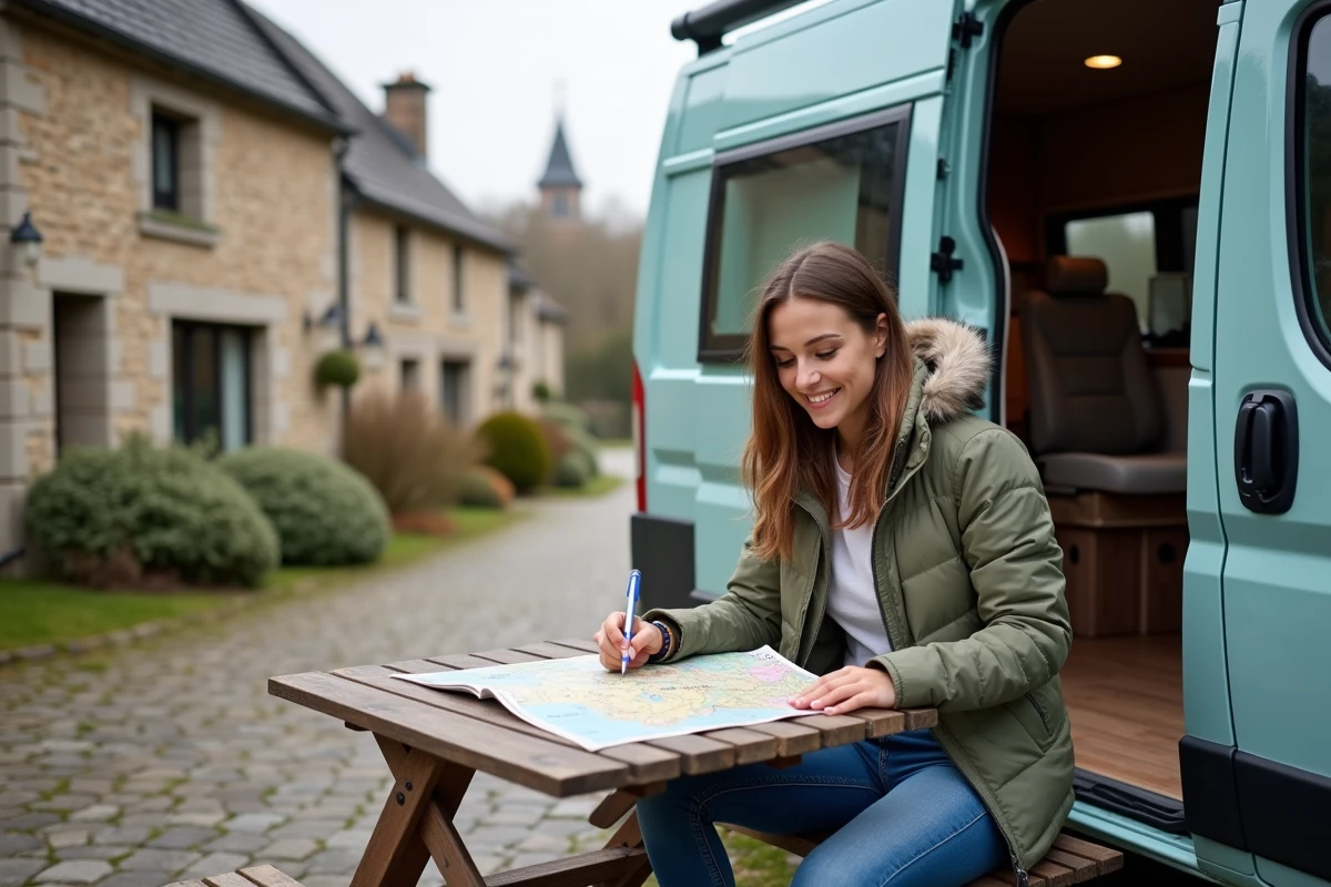 Femme planifiant son voyage devant son van en Normandie
